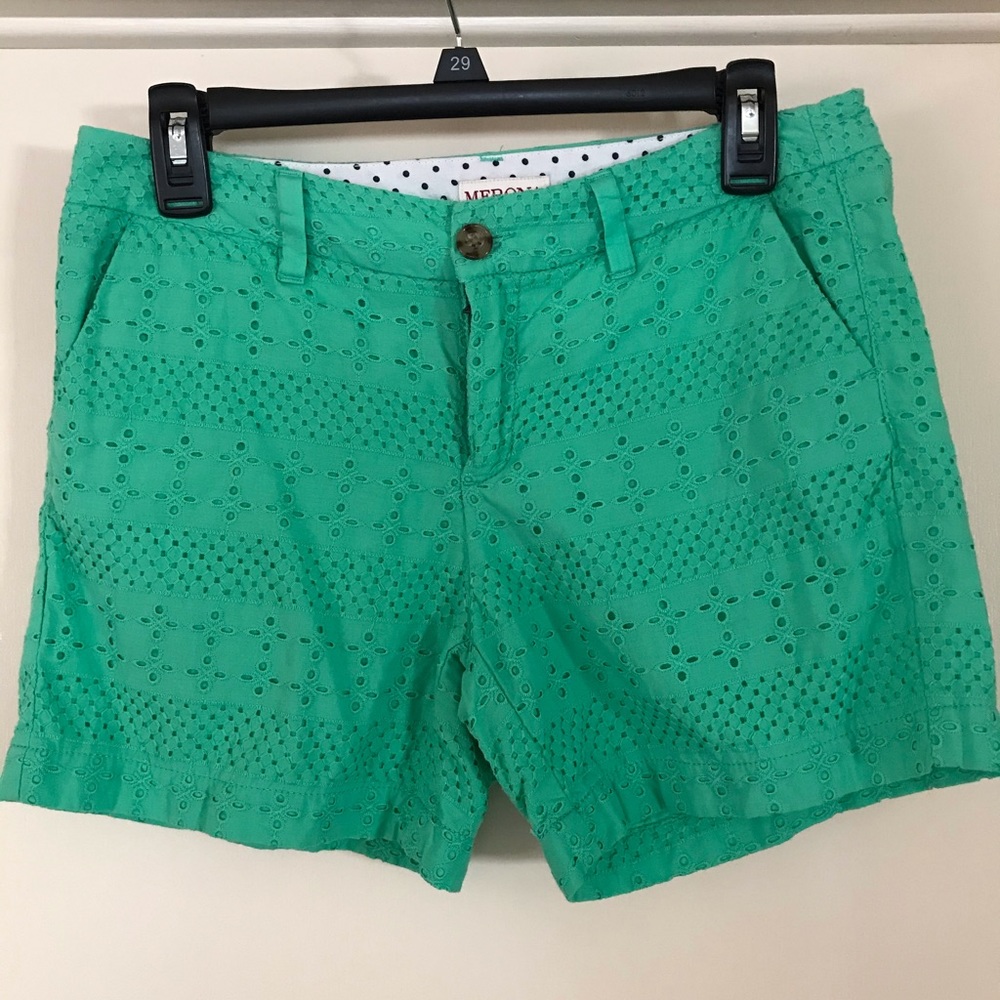 Medina, eyelet, mint green shorts.